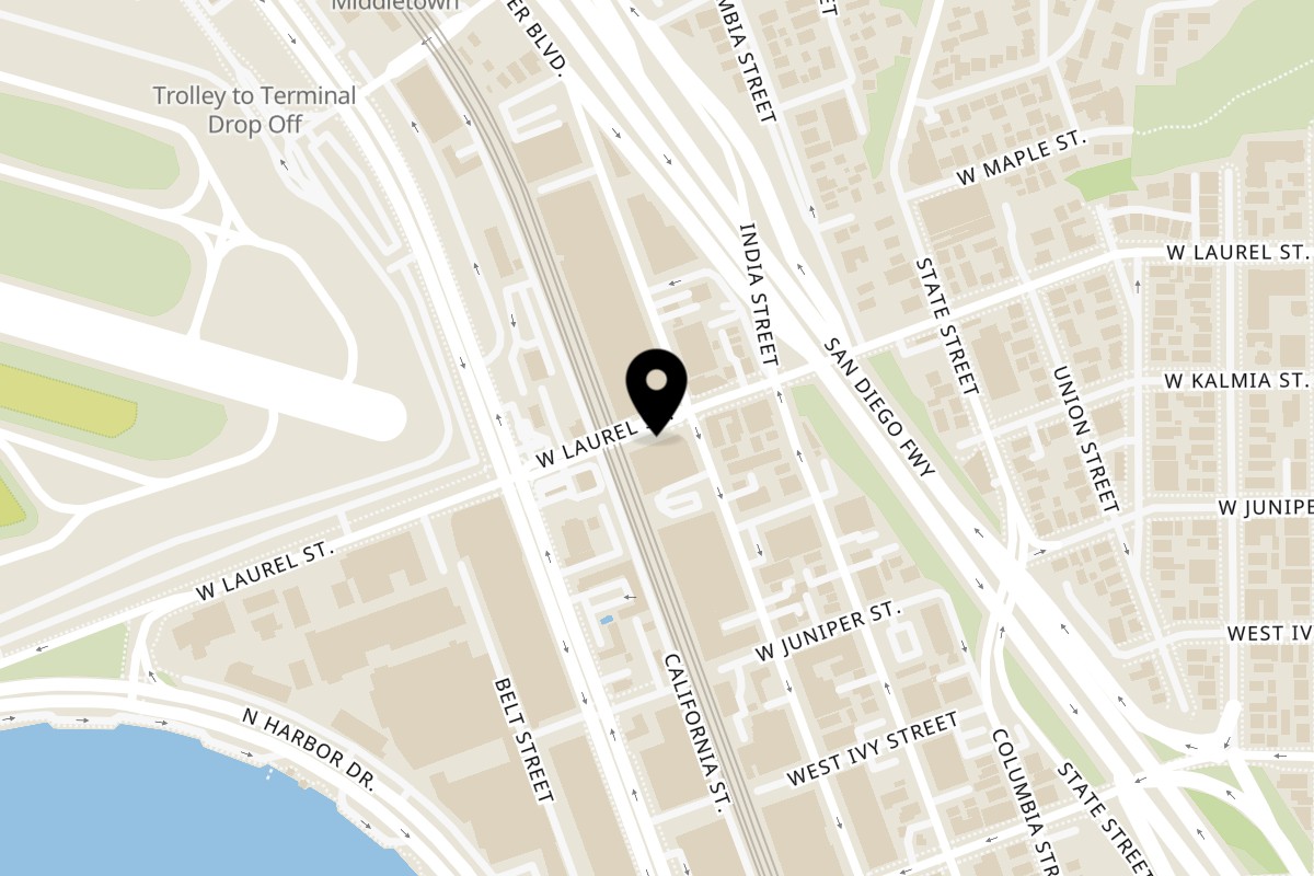 Map showing the location of Sicilian-ish Cafe and Deli on 1025 W Laurel St #102 in San Diego